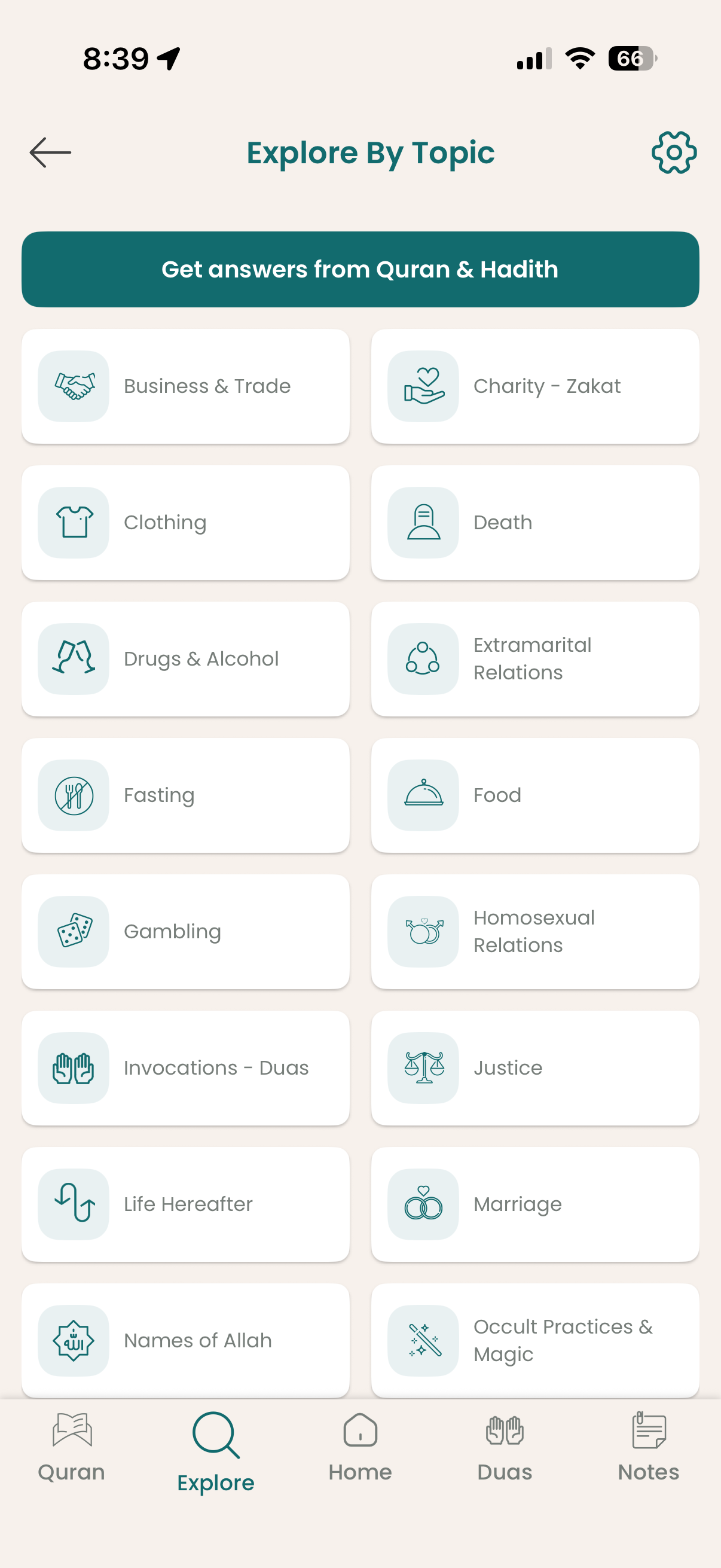 Deen app explore by topic showing Quranic topics like science, prayer, and relationships