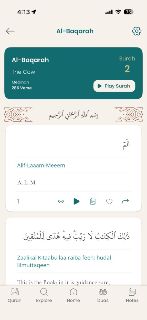 Deen app Quran reader with Arabic text, transliteration, and translation